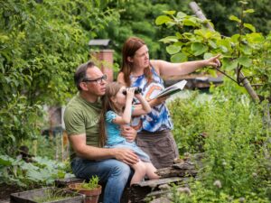 Familie mit Kind beobachtet mit Fernglas und Buch Vögel im Garten während der NABU-Aktion „Stunde der Gartenvögel"