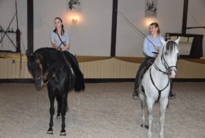 Zwei Frauen reiten auf einem schwarzen und einem Schimmel in einer Reithalle.